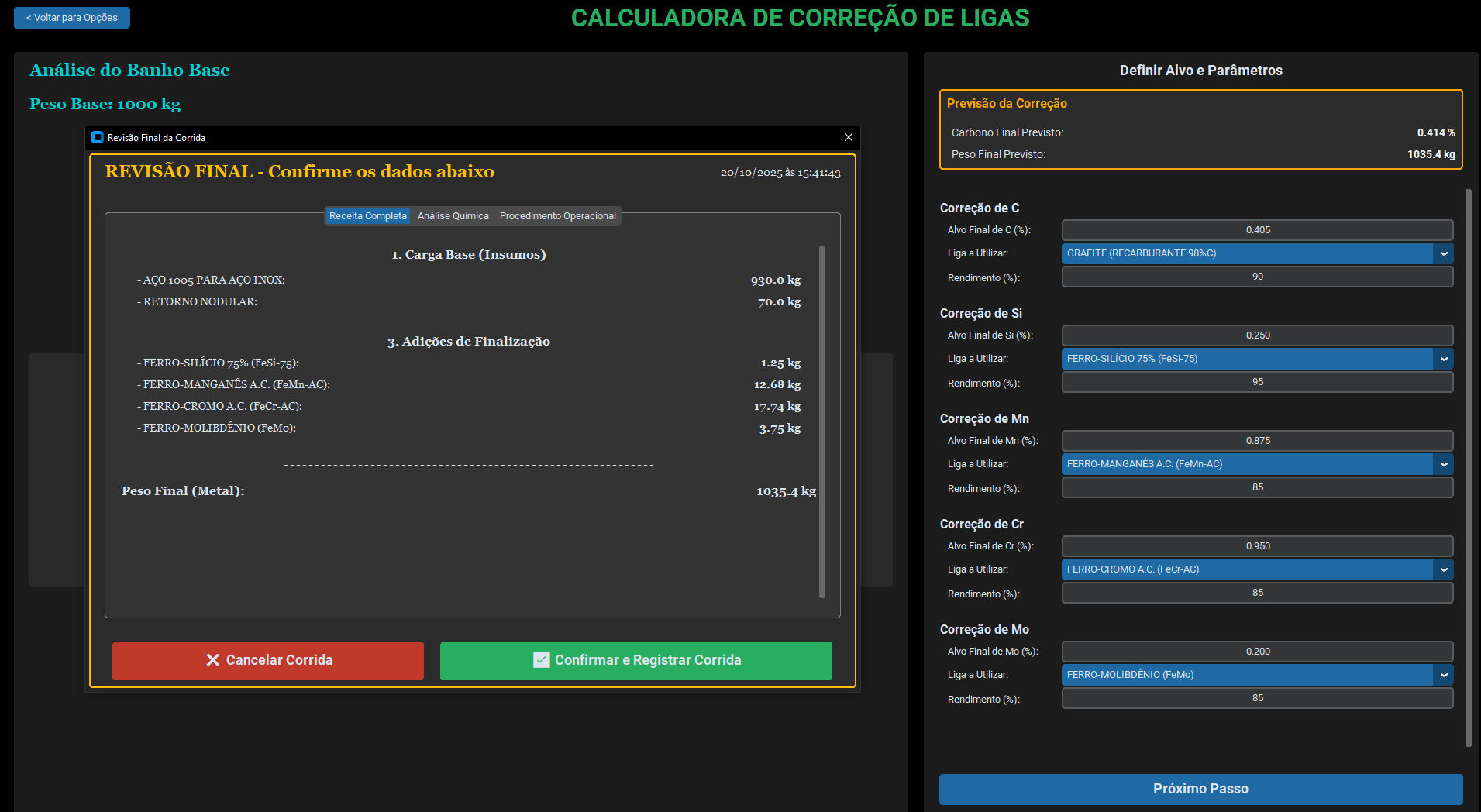 Screenshot do AlloyCraft Pro mostrando a tela de correções